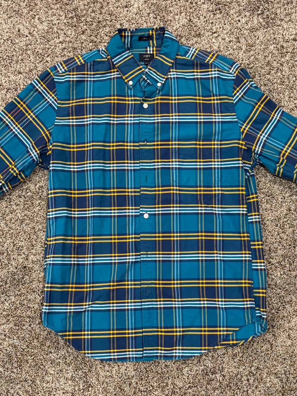 J. Crew Teal and Navy Plaid Button-Down Shirt with Yellow Accents